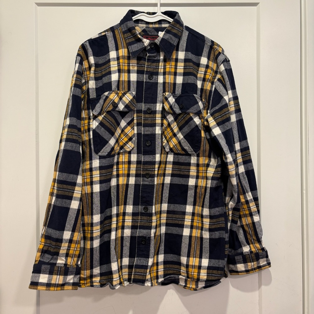 FiveBrother Plaid Flannel Shirt Navy Yellow White Button Down Long Sleeve M-R